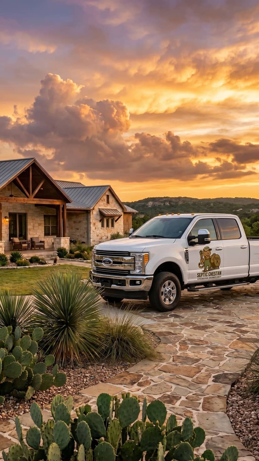 Septic Cheetah service trucks at a residential property in Central Texas