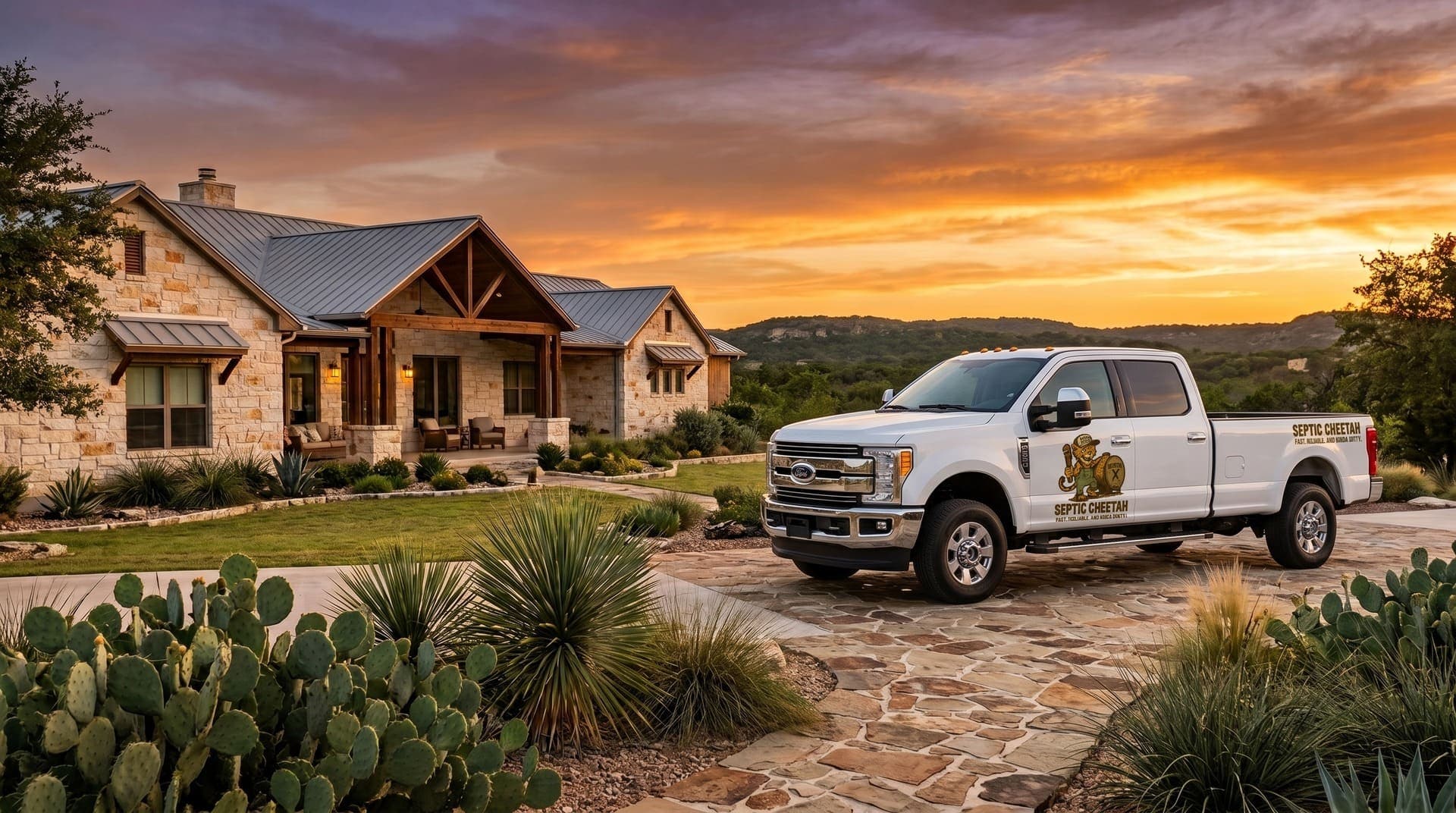Septic Cheetah service trucks at a residential property in Central Texas