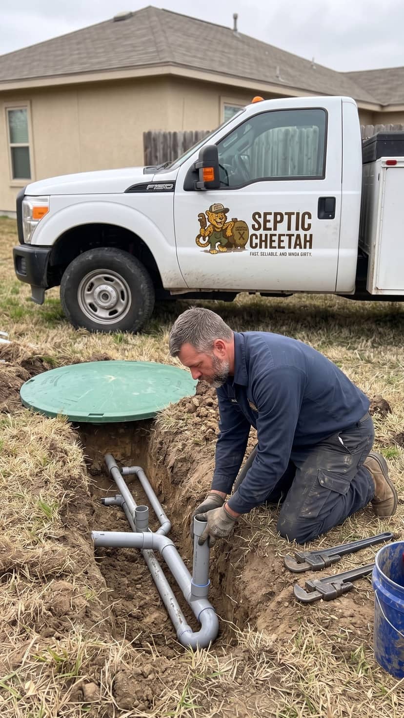 Emergency septic line repair on site in Central Texas
