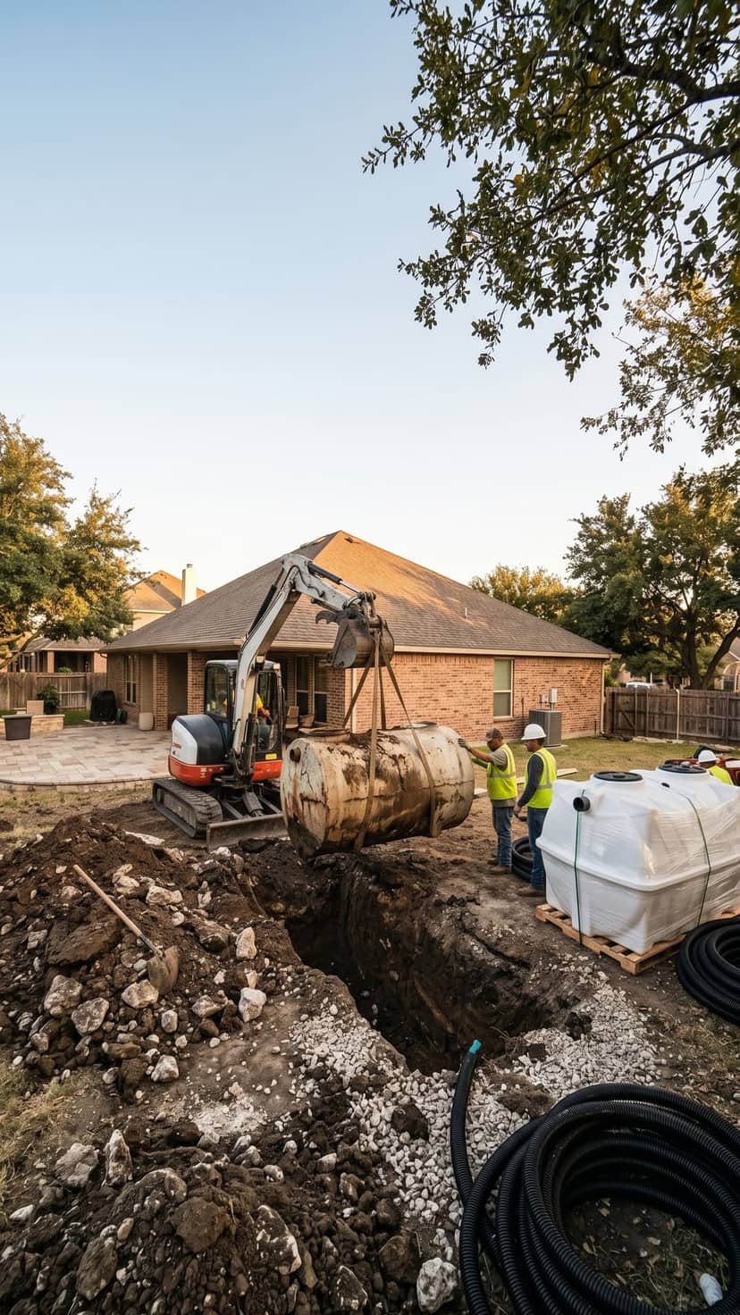 Full septic system replacement with excavator in Central Texas