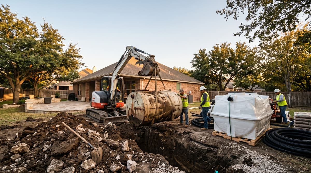 Full septic system replacement with excavator in Central Texas